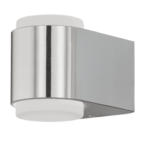 Briones LED væglampe i støbt Aluminium og Rustfri med skærm i Hvid Plastik, 2x3W LED, bredde 8,5 cm, dybde 12,5 cm, højde 9,5 cm
